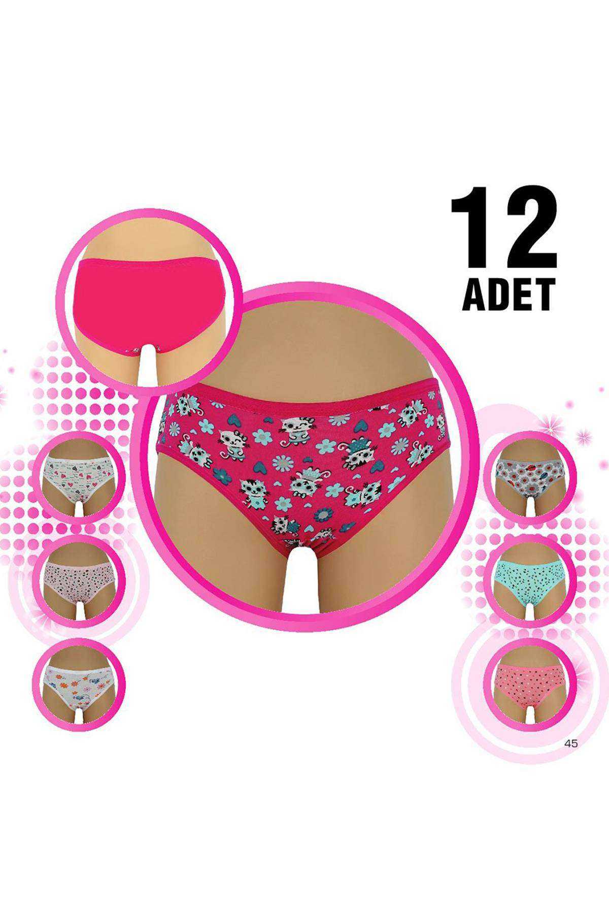 12 Adet Kız Çocuk Desenli Slip Külot