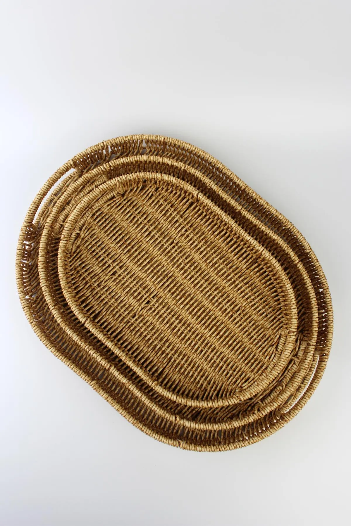 3 lü Rattan Tepsi Dekoratif Tepsi Hasır Örme Tepsi Oval Krem Alg11331