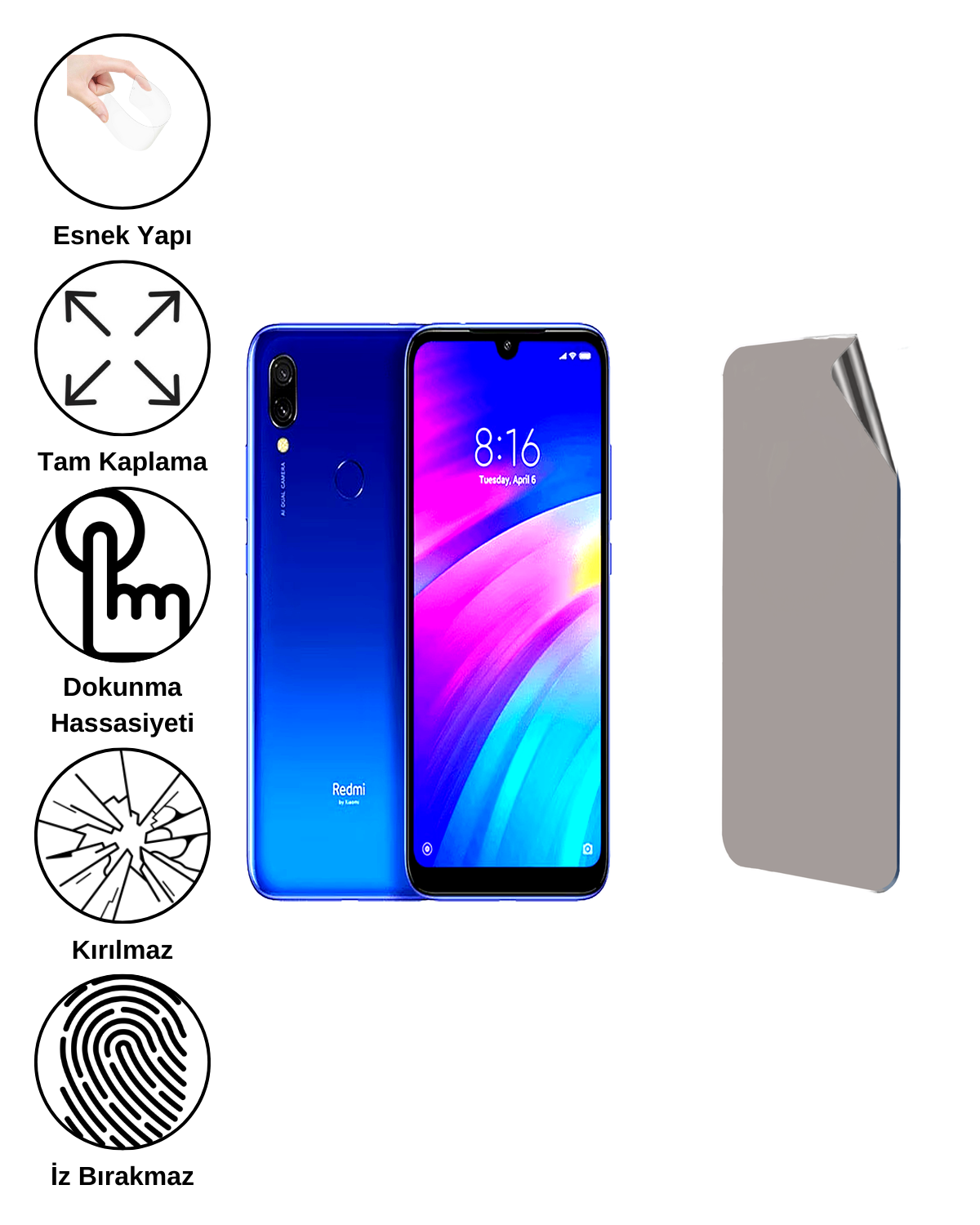 Xiaomi Redmi 7 Uyumlu Hayalet Ekran Kırılmaz Cam Ekran Koruyucu Film 8684609383317