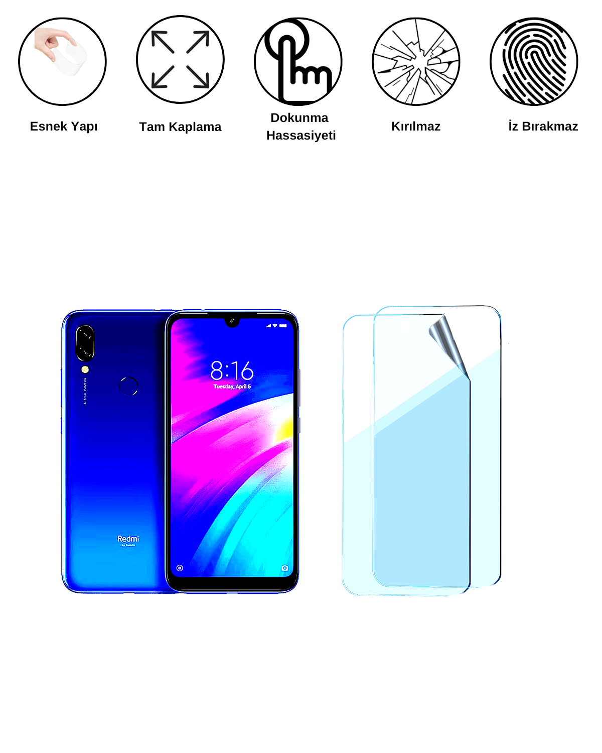 Xiaomi Redmi 7 Uyumlu Uv Nano Esnek Kırılmaz Cam Ekran Koruyucu Film 8684609263510