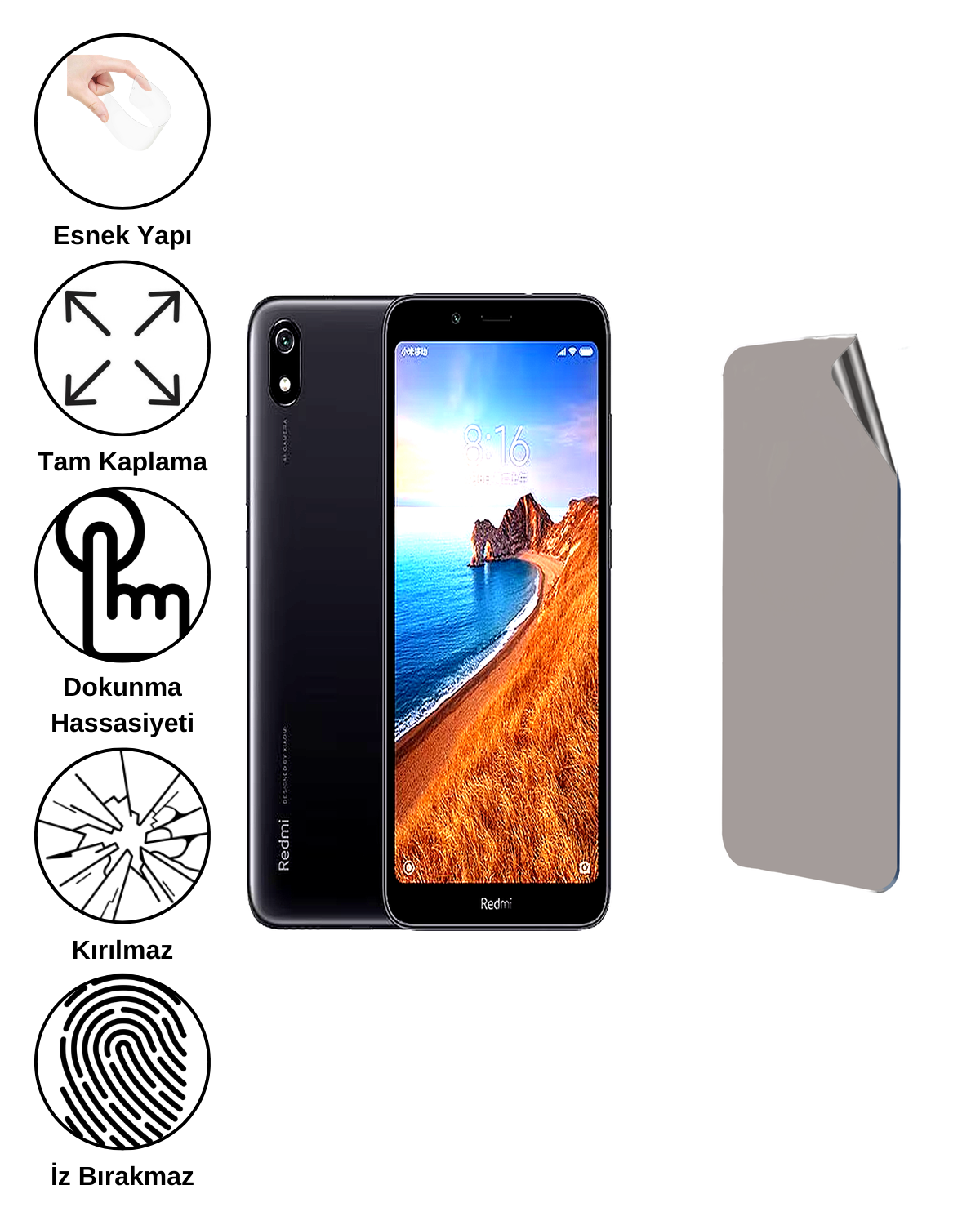 Xiaomi Redmi 7A Uyumlu Hayalet Ekran Kırılmaz Cam Ekran Koruyucu Film 8684609383713