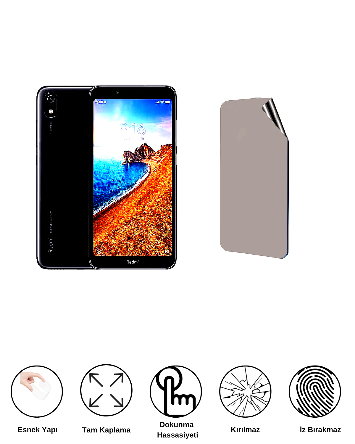 Xiaomi Redmi 7A Uyumlu Hayalet Ekran Kırılmaz Cam Ekran Koruyucu Film 8684609383713