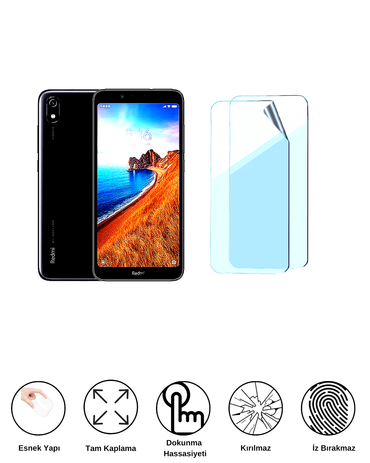 Xiaomi Redmi 7A Uyumlu Uv Nano Esnek Kırılmaz Cam Ekran Koruyucu Film 8684609263916