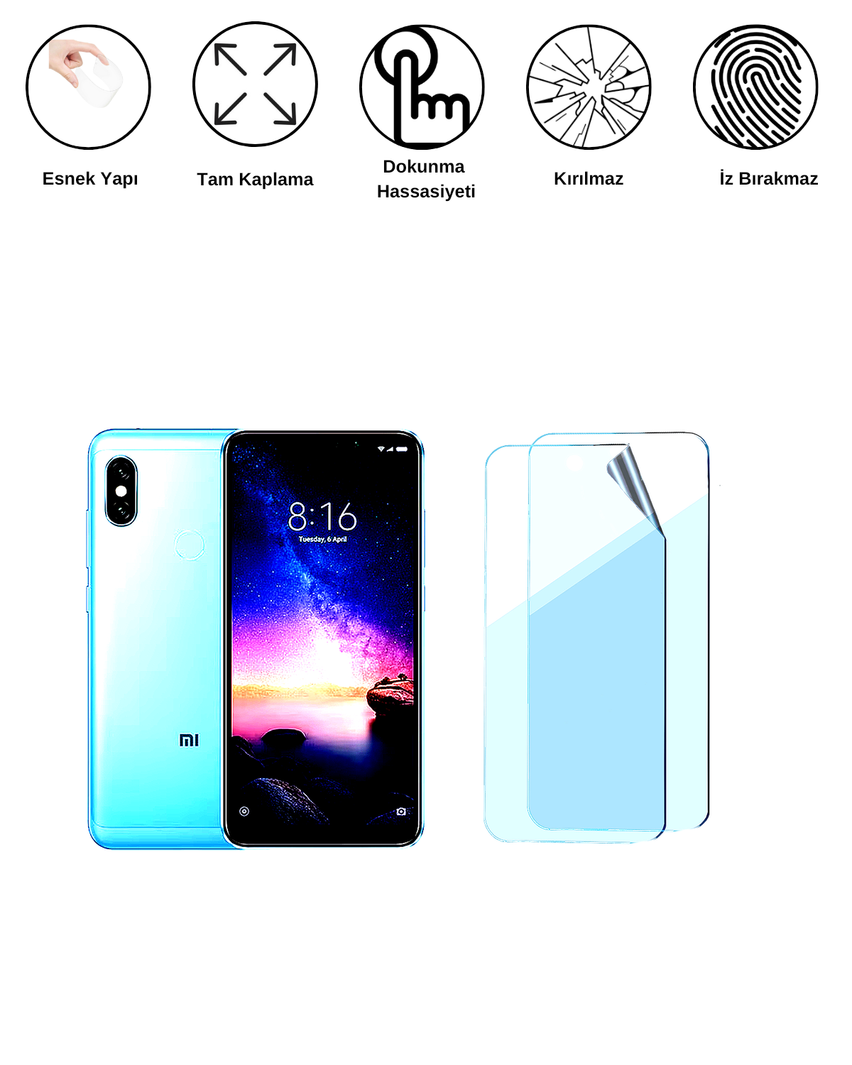 Xiaomi Redmi Note 6 Pro Uyumlu Uv Nano Esnek Kırılmaz Cam Ekran Koruyucu Film 8684609263923